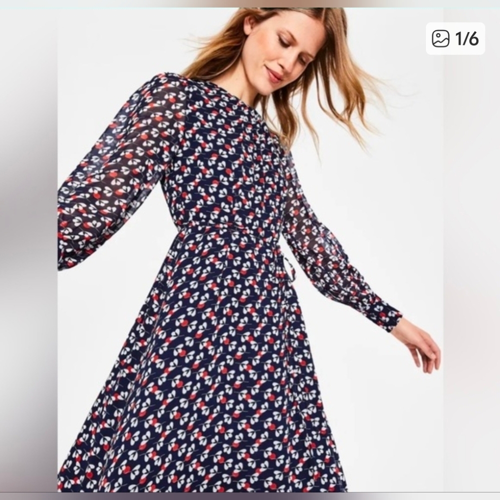 Boden Navy Floral Long Sleeve Midi Dress - Size 14R